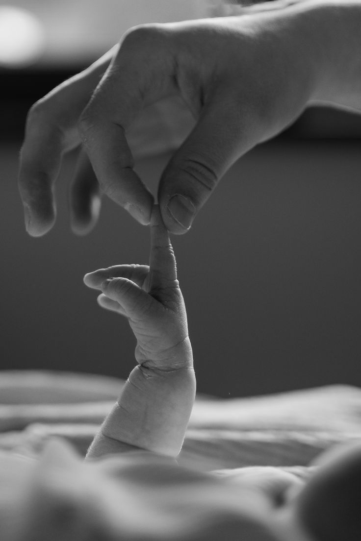Main d’adulte tenant le doigt d’un nouveau-né, photo en noir et blanc